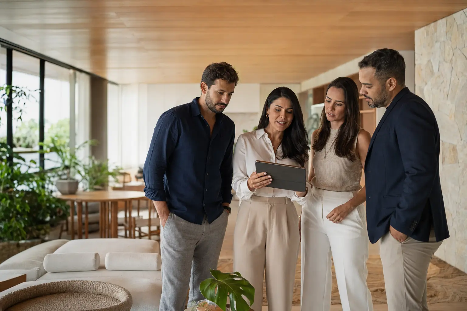 Equipe de imobiliária brasileira analisando oportunidades de imóveis